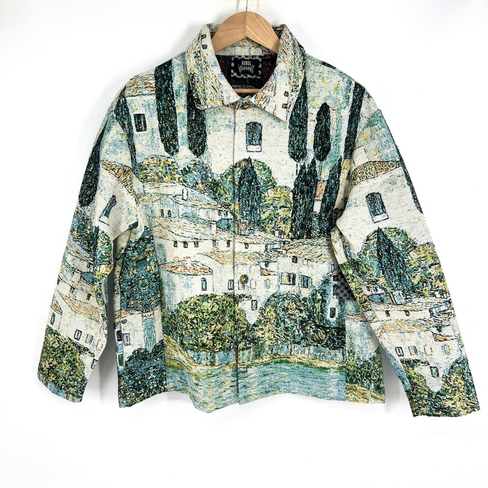 Rebel Vengeance Men Tapestry Jacket Small Woven Landscape Village Art Scene New